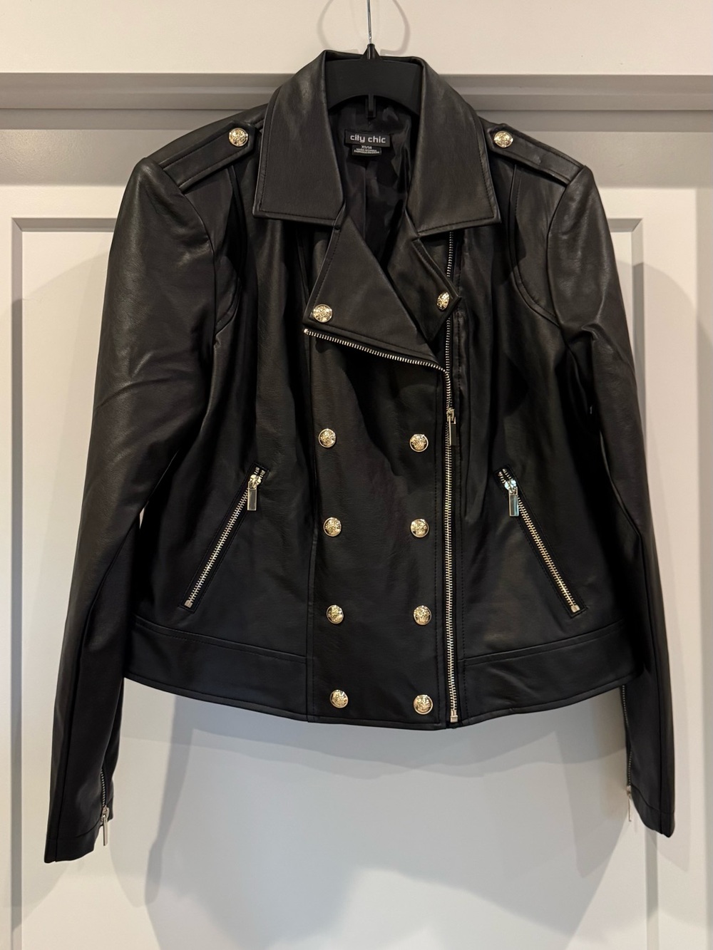 City Chic Black Faux Leather Double-Breasted Moto Jacket. So Gucci but not
